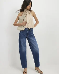 Blue Mid Rise Barrel Leg Jeans