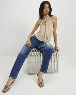 Blue Mid Rise Barrel Leg Jeans