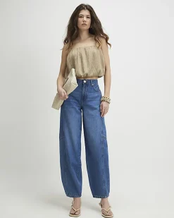 Blue Mid Rise Barrel Leg Jeans