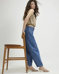 Blue Mid Rise Barrel Leg Jeans