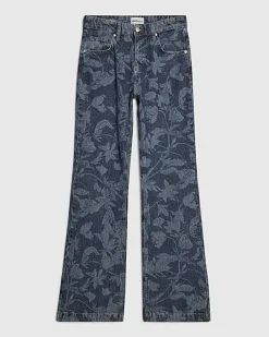 Blue Mid Rise Floral Bootcut Jeans