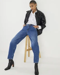 Blue Mid Rise Seamed Barrel Leg Jeans