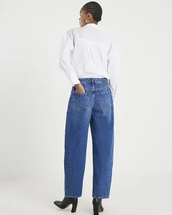 Blue Mid Rise Seamed Barrel Leg Jeans