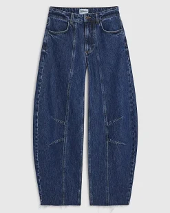 Blue Mid Rise Seamed Raw Hem Barrel Jeans