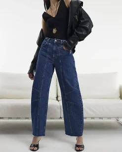 Blue Mid Rise Seamed Raw Hem Barrel Jeans