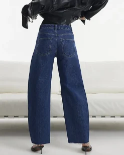 Blue Mid Rise Seamed Raw Hem Barrel Jeans