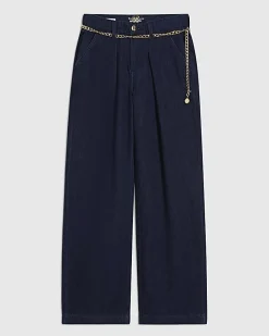 Blue Mid Rise Wide Leg Belted Jeans