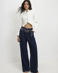 Blue Mid Rise Wide Leg Belted Jeans