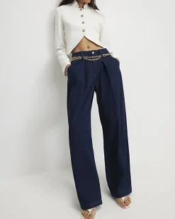 Blue Mid Rise Wide Leg Belted Jeans