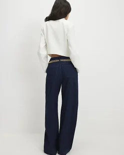 Blue Mid Rise Wide Leg Belted Jeans