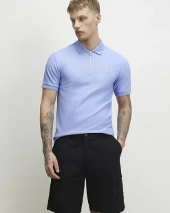Blue Muscle Fit Quarter Zipped Polo Shirt