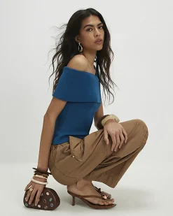 Blue One Shoulder Bardot Knit Top