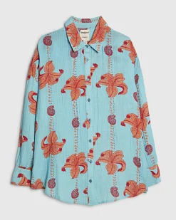Blue Palm Print Beach Shirt