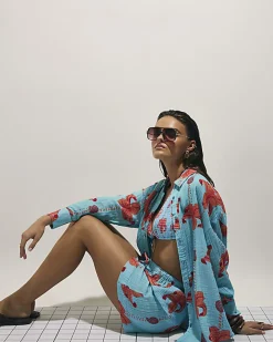 Blue Palm Print Beach Shirt