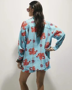 Blue Palm Print Beach Shirt