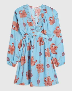 Blue Palm Print Long Sleeve Mini Beach Dress