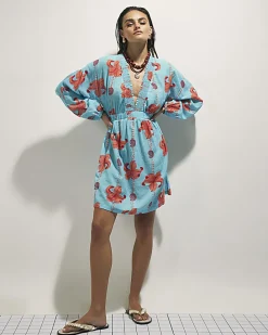 Blue Palm Print Long Sleeve Mini Beach Dress