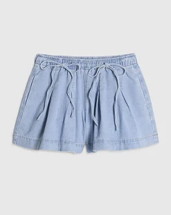 Blue Pleated Bow Front Denim Shorts