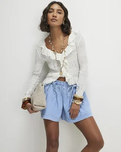 Blue Pleated Bow Front Denim Shorts