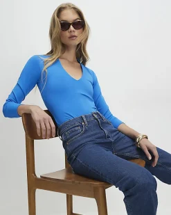 Blue Plunge Neckline Long Sleeve Bodysuit