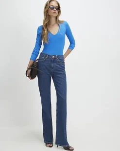 Blue Plunge Neckline Long Sleeve Bodysuit