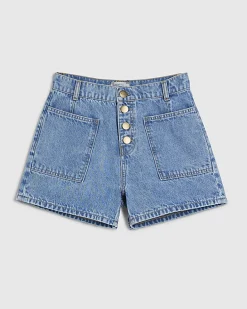 Blue Pocket Front Button Up Denim Shorts