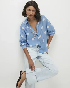 Blue Polka Dot Print Long Sleeve Shirt