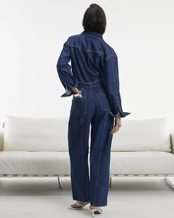 Blue Premium Belted Barrel Leg Denim Jumpsuit