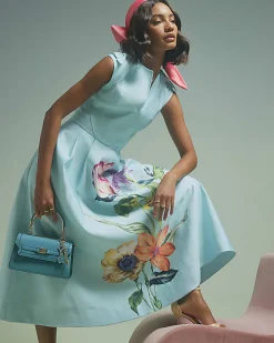 Blue Premium Floral Bow Detail Midi Dress