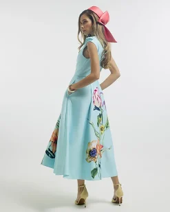 Blue Premium Floral Bow Detail Midi Dress