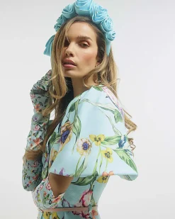 Blue Premium Floral Cape Mini Dress