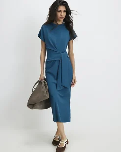 Blue Premium Short Sleeve Tie Side Midi Dress