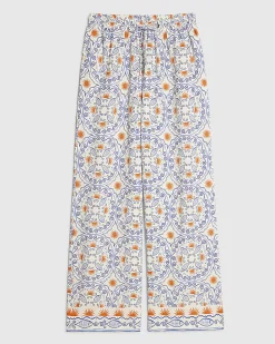 Blue Printed Linen Blend Trousers