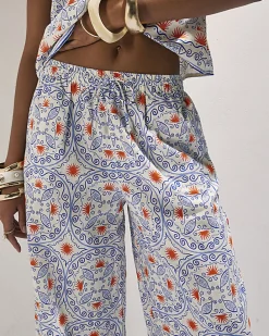 Blue Printed Linen Blend Trousers