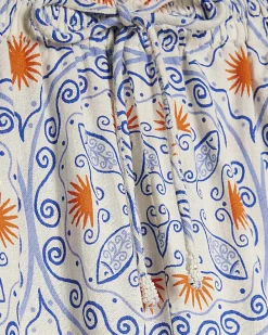 Blue Printed Linen Blend Trousers
