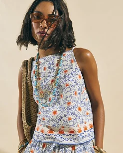 Blue Printed Linen Blend Tank Top