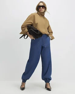 Blue Pull On Elasticated Cuffed Denim Joggers