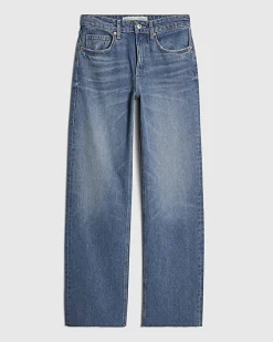 Blue Raw Hem Wide Leg Jeans