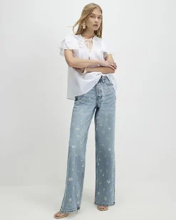 Blue Relaxed Straight Daisy Floral Jeans