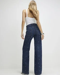 Blue Relaxed Straight Eyelet Jeans
