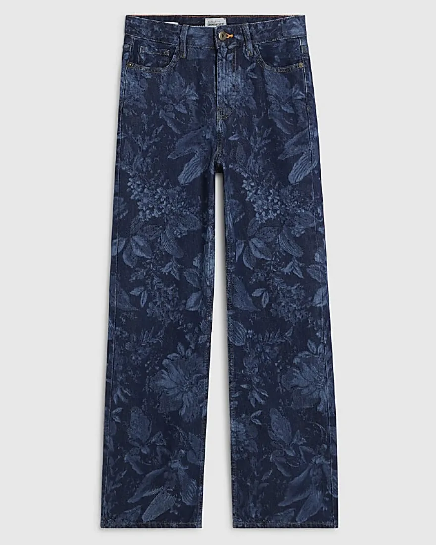 Blue Relaxed Straight Floral Print Jeans
