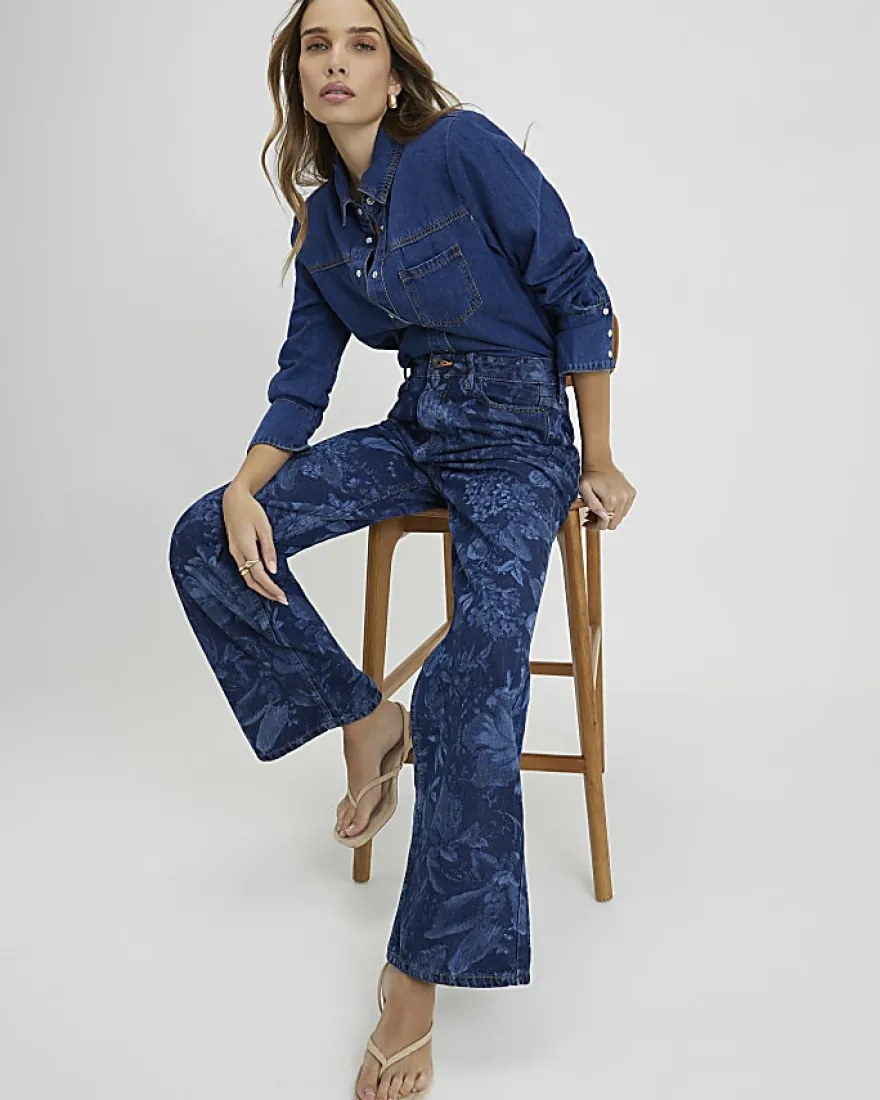 Blue Relaxed Straight Floral Print Jeans