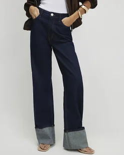 Blue Relaxed Straight Turn Up Cuff Jeans