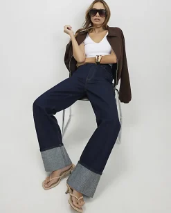 Blue Relaxed Straight Turn Up Cuff Jeans