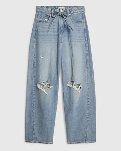 Blue Ripped Drawstring Balloon Leg Jeans