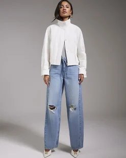 Blue Ripped Drawstring Balloon Leg Jeans