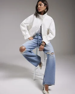 Blue Ripped Drawstring Balloon Leg Jeans
