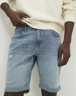 Blue Ripped Slim Fit Stretch Denim Shorts