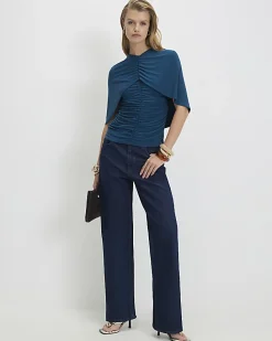 Blue Ruched Cape Front Top