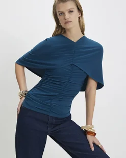 Blue Ruched Cape Front Top